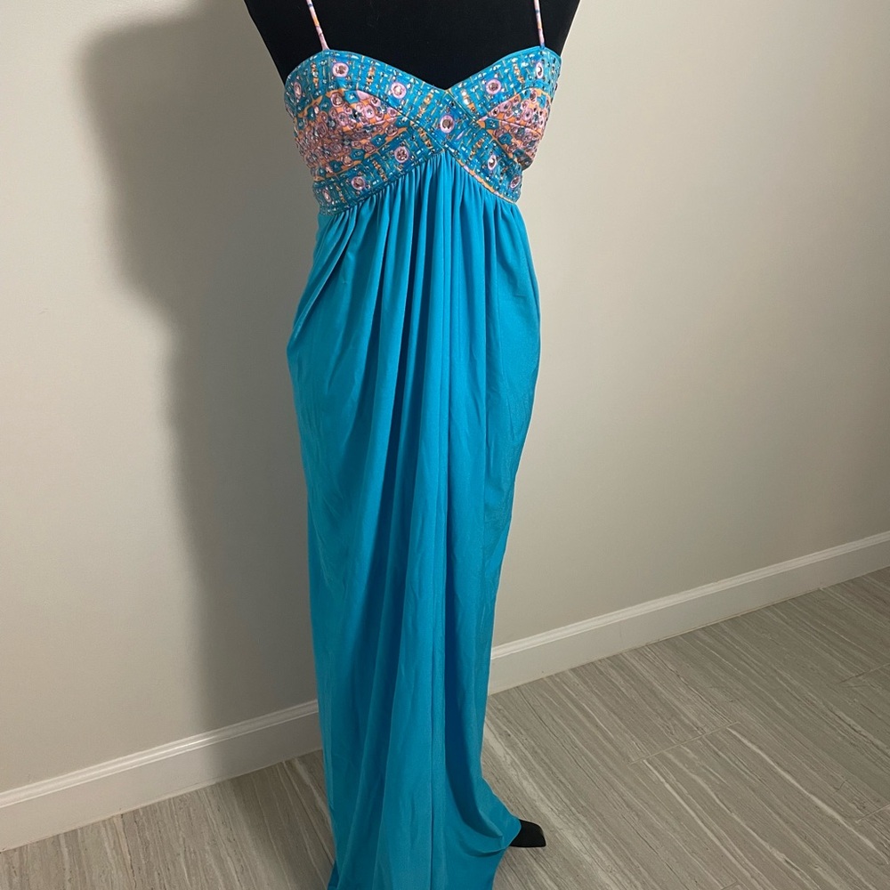 1970s Blue Jeweled Dress